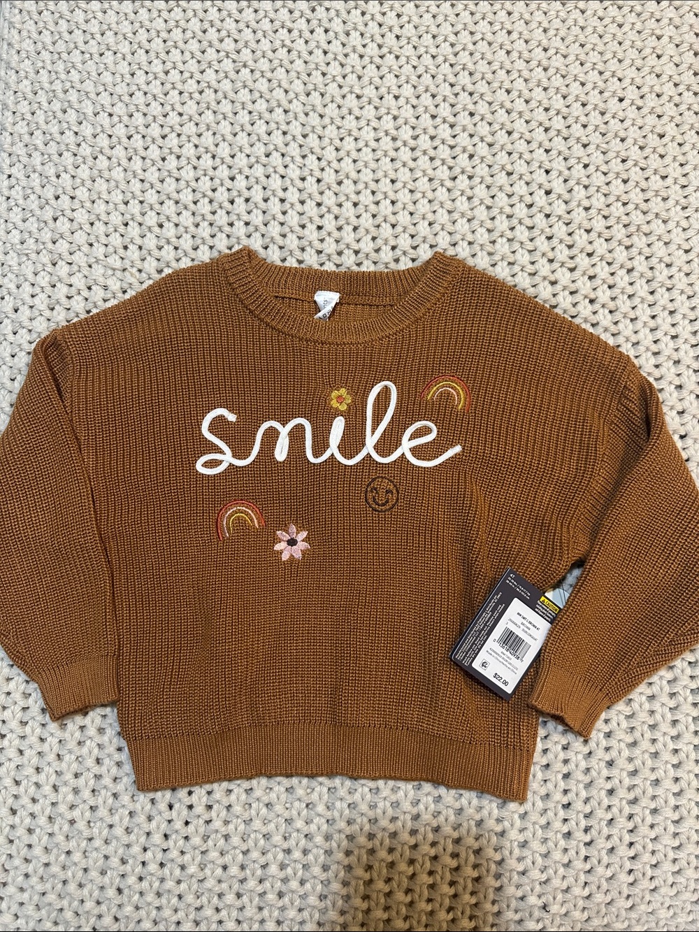 NWT Gerber Brown 'Smile' Embroidered Crewneck Sweater for Toddler Girls